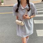 Polo-neck Two-tone Striped Short-sleeve Dress