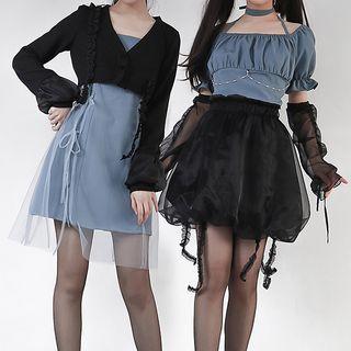 Puff-sleeve Crop Top / Spaghetti Strap A-line Dress / Skirt / Cardigan / Arm Sleeves / Set