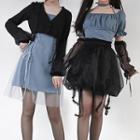 Puff-sleeve Crop Top / Spaghetti Strap A-line Dress / Skirt / Cardigan / Arm Sleeves / Set