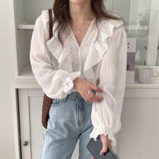 V-neck Eyelet Panel Blouse
