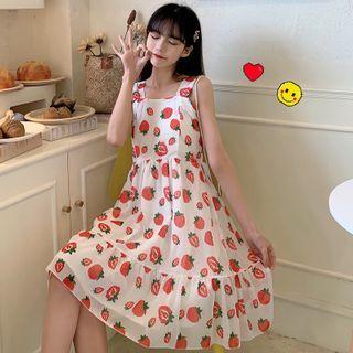 Sleeveless Strawberry Printed A-line Dress