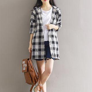 Plaid Hooded Button Long Top