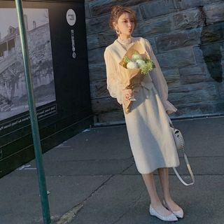 Set: V-neck Knit Vest + Straight-fit Knit Skirt