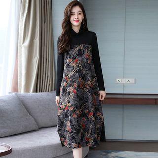 Long-sleeve Mock Neck Print Panel Midi A-line Dress