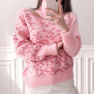 Leopard Print Cut-out Sweater Pink - One Size