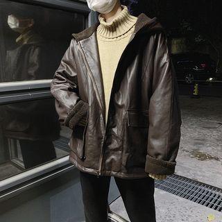 Faux Leather Zip Hooded Jacket