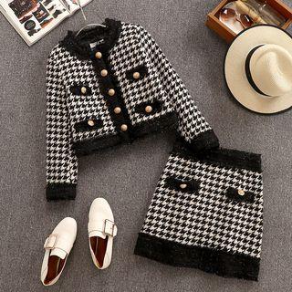 Set: Houndstooth Contrast Trim Jacket + Mini A-line Skirt