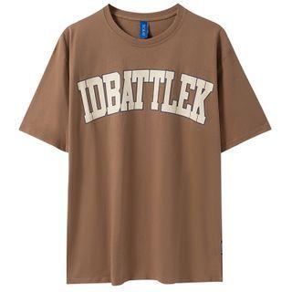 Elbow-sleeve Lettering T-shirt Light Brown - One Size