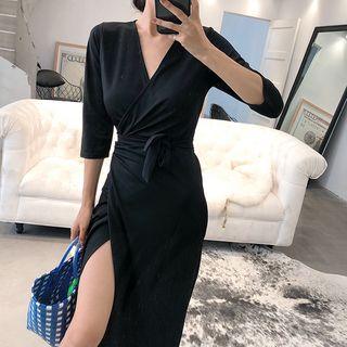 3/4-sleeve A-line Midi Dress Black - One Size
