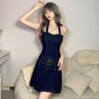 Halter-neck Belted A-line Denim Dress