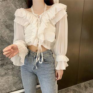 Lace Trim Open Back Ruffle Blouse