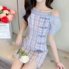 Off-shoulder Check Mesh-panel Dress