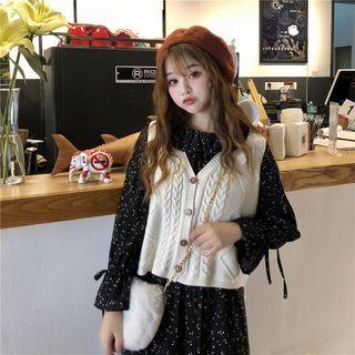 Long-sleeve Dotted Midi A-line Dress / Cable-knit Buttoned Knit Vest