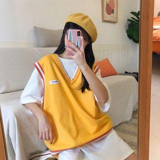 Contrast Trim Knit Vest / Short-sleeve Plain T-shirt