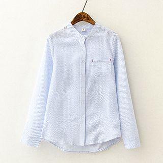 Stand-collar Pinstriped Long-sleeve Blouse