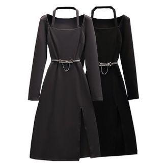 Set: Long-sleeve Halter Slit Midi A-line Dress + Chain Belt