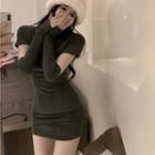 Set: Short-sleeve Knit Bodycon Dress + Arm Sleeves