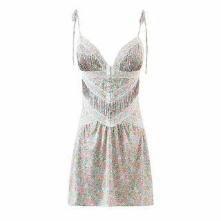 Spaghetti Strap Lace Panel Floral Mini A-line Dress