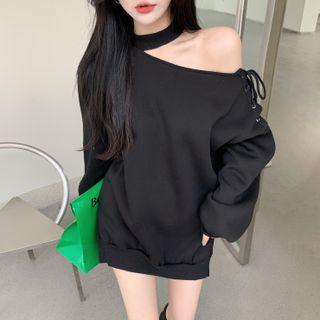Cold Shoulder Lace-up Sweatshirt Black - One Size
