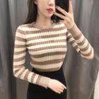 Striped Long-sleeve Knit Top / Slit Midi Knit Skirt