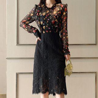 Floral Long-sleeve Mock Two Piece Dress