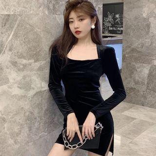 Open-back Bow Velvet Side-split Dress