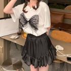 Short-sleeve Bow Mesh Panel T-shirt / High-waist Plain Skirt