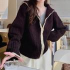 Contrast Trim Long-sleeve Knit Jacket Brown - One Size