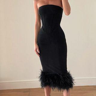 Strapless Fluffy Trim Midi Sheath Dress