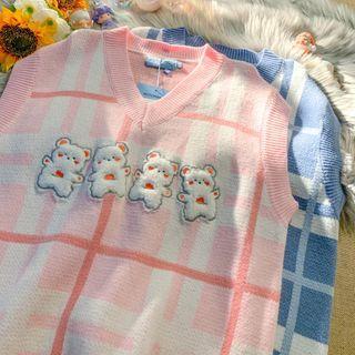 Bear Embroidered Plaid Sweater Vest
