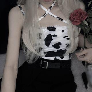 Strappy Cow Print Crop Top Milky White - One Size