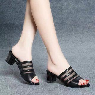Mesh Panel Peep-toe Block Heel Slide Sandals
