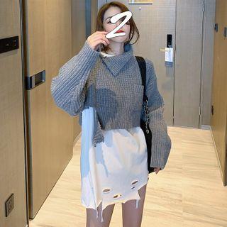 Asymmetric Crop Knit Top / Distressed Long T-shirt