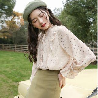 Dotted Ruffle Trim Blouse Champagne - One Size