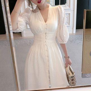 Puff-sleeve Plain V-neck Waist High-waist Long A-line Dress