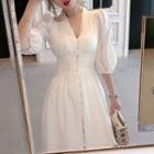 Puff-sleeve Plain V-neck Waist High-waist Long A-line Dress