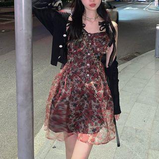 Cropped Cardigan / Floral Print A-line Dress