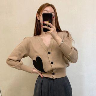 V-neck Heart Knit Cropped Cardigan