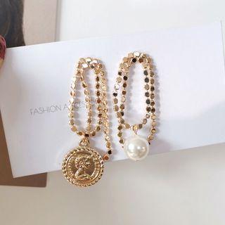 Asymmetrical Coin / Faux Pearl Chain Drop Earring 1 Pair - Gold - One Size