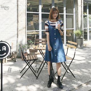 Button-detail Denim Suspender Dress Blue - One Size