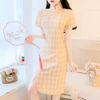 Short-sleeve Stand Collar Check Qipao