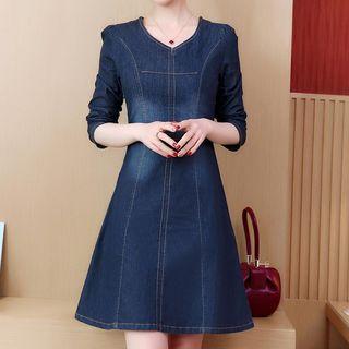 Long-sleeve Washed A-line Denim Dress