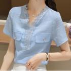 Lace Trim Short-sleeve V-neck Chiffon Blouse
