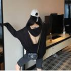 Plain V-neck Open Back Long-sleeve Loose-fit Hooded Top