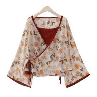 Set: Plain Camisole + Flared-sleeve Flower Print Blouse Camisole & Blouse - Red - One Size