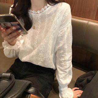 Long-sleeve Crocheted Lace Top White - One Size