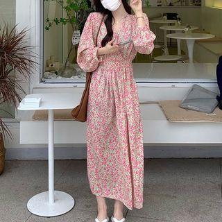 Long-sleeve Floral Midi A-line Dress Dress - Rose Pink - One Size