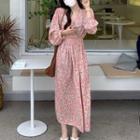 Long-sleeve Floral Midi A-line Dress Dress - Rose Pink - One Size