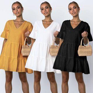 Short-sleeve Loose-fit Mini Tiered Dress