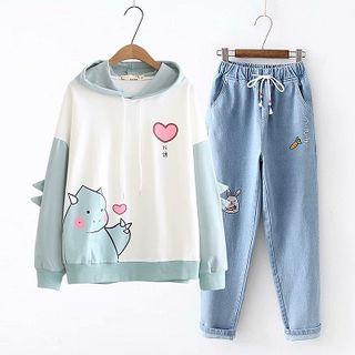 Cartoon Print Hoodie / Drawstring Straight-cut Jeans / Set